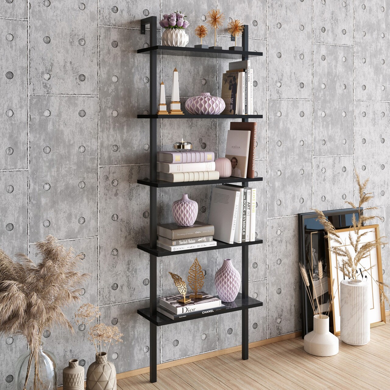 Corp biblioteca, Hanah Home, Piante, 60x174x22 cm, Negru - imagine 6